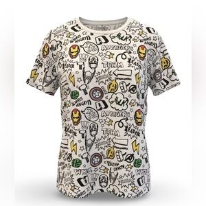 Marvel Avengers Mens L Graphic T-Shirt White Cartoon Drawing Logo Comics